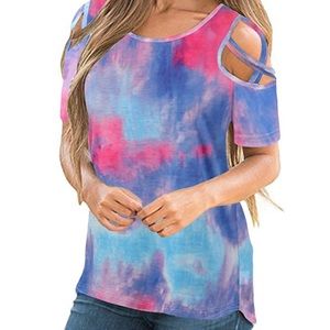 Adreamly Tie-Dye Loose Strappy Cold Shoulder Tops